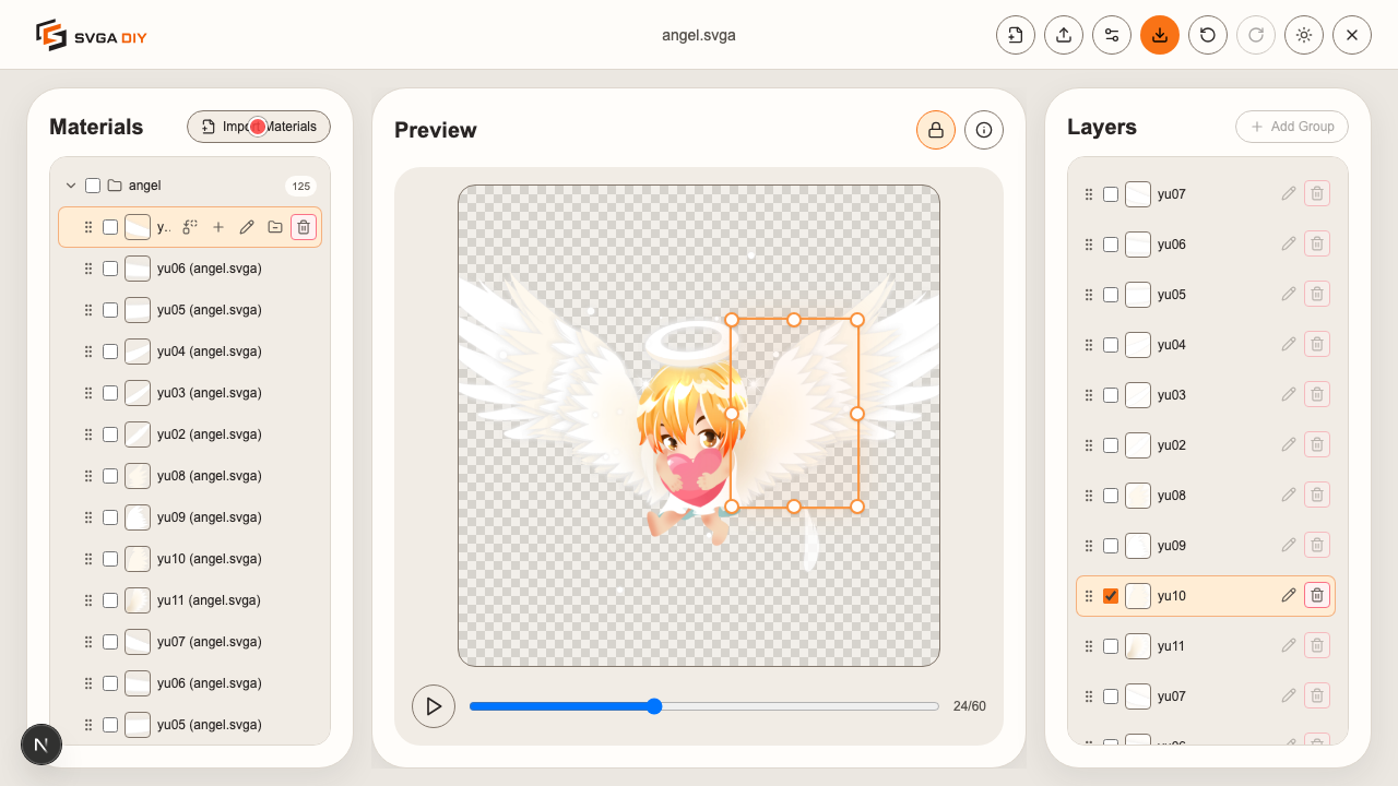 angel.svga imported as a material, showing its sprites as thumbnails